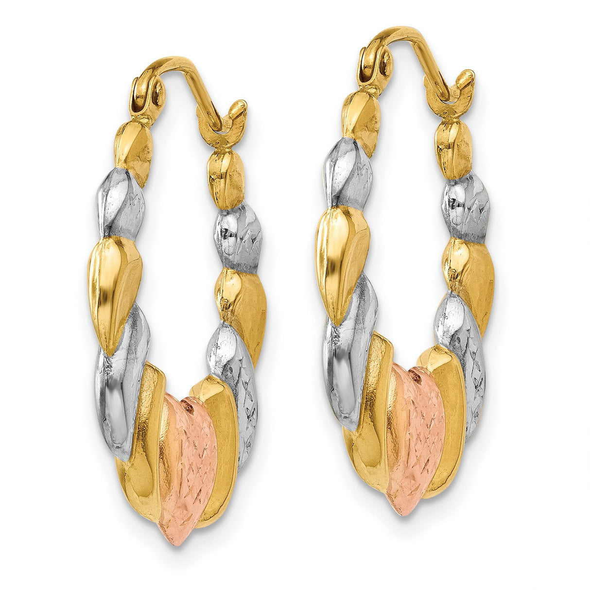 14k Tricolor Gold Hoop Earrings with Textured Heart Design for Women