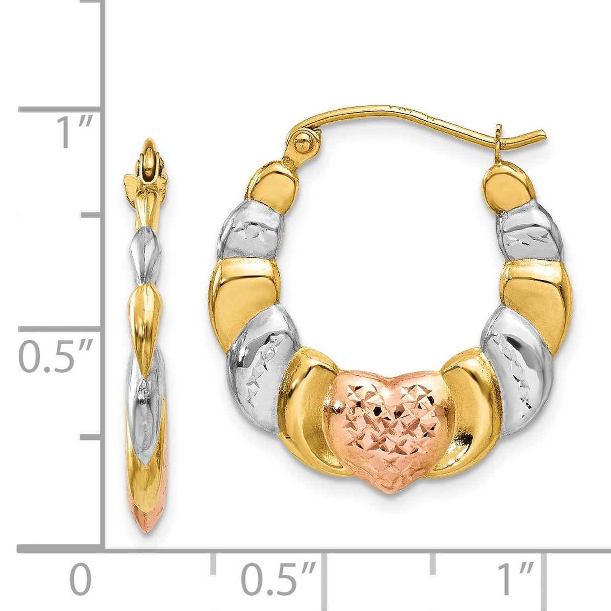 14k Tricolor Gold Hoop Earrings with Textured Heart Design for Women