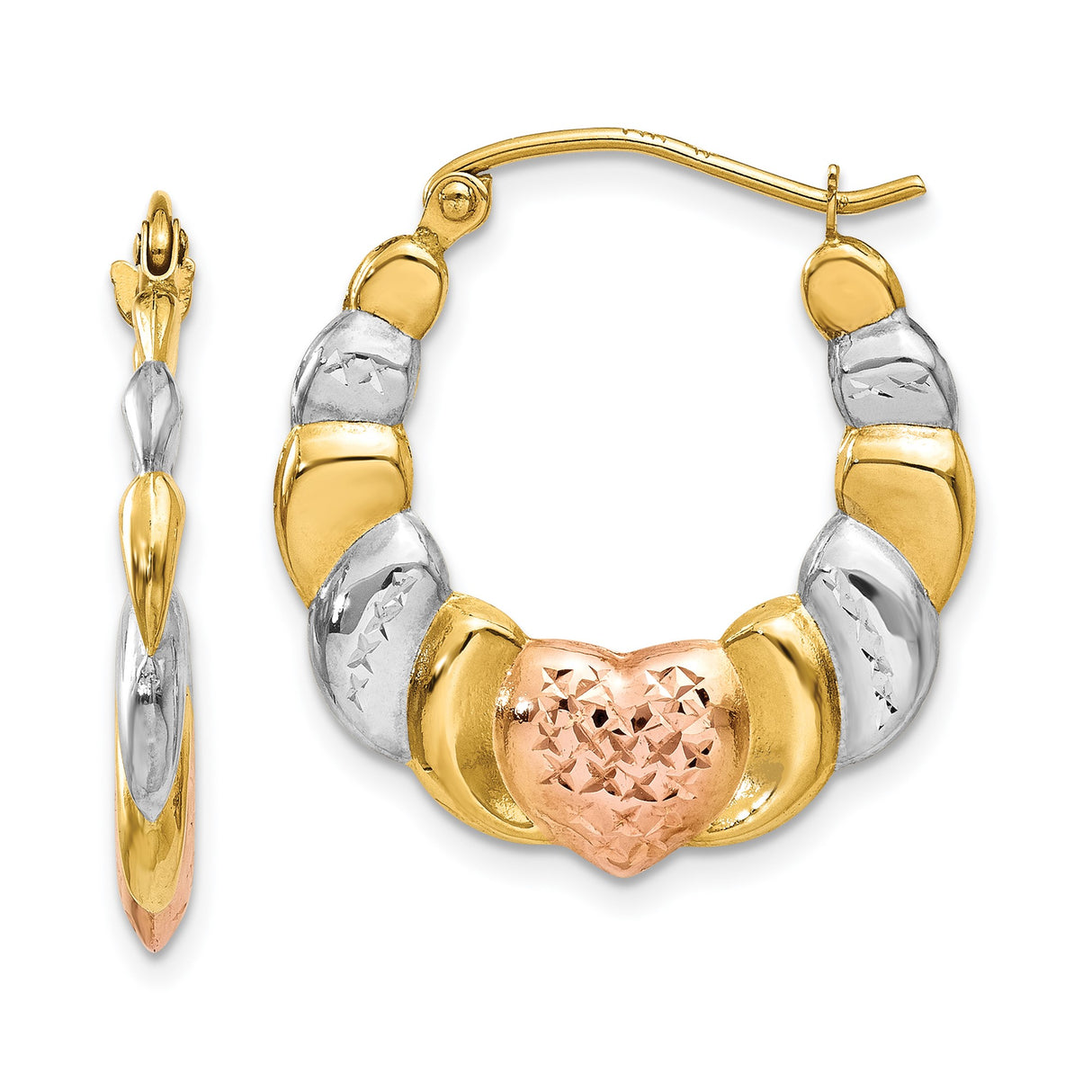 14k Tricolor Gold Hoop Earrings with Textured Heart Design for Women