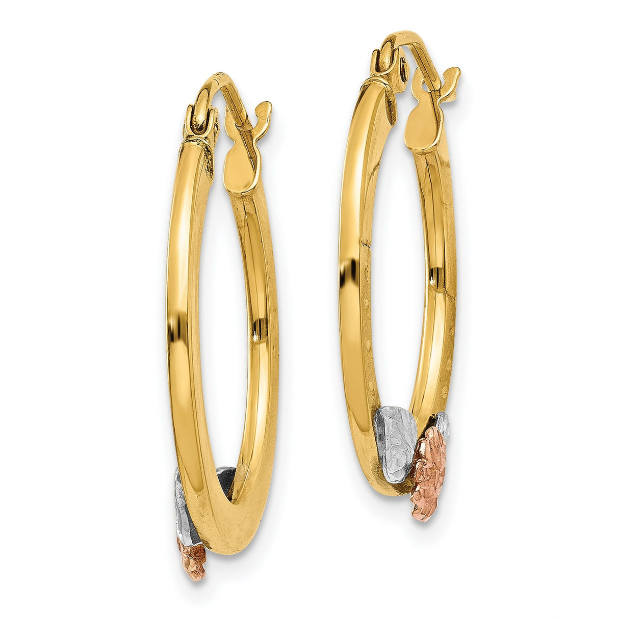 14k Two Tone Gold Hoop Earrings with Rose Gold Flower and White Gold Leaf Design