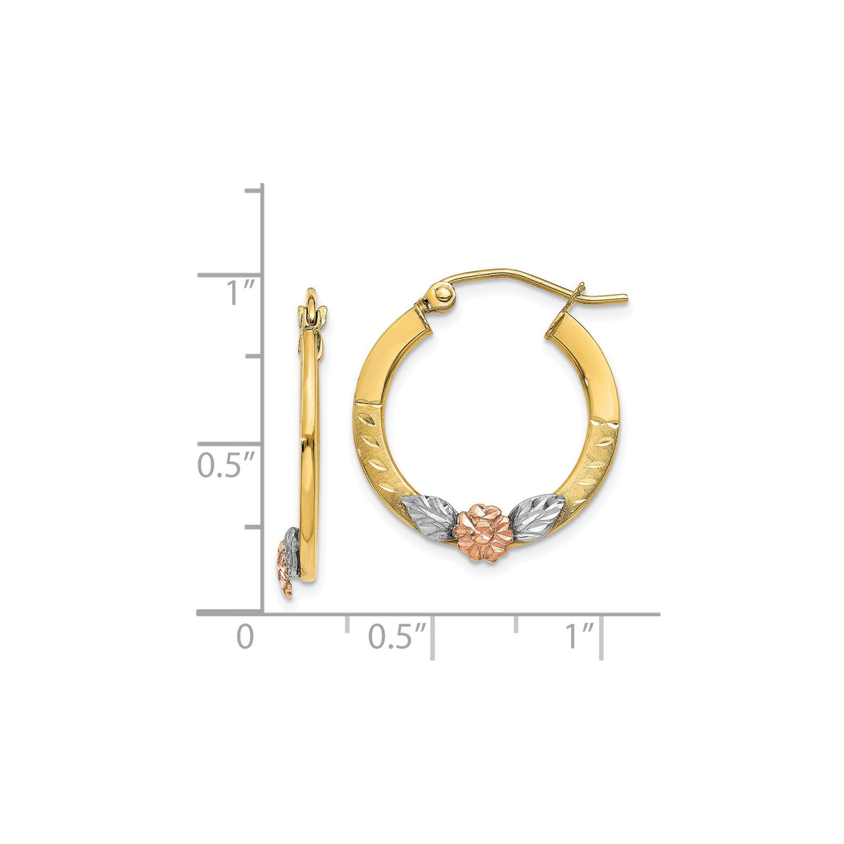 14k Two Tone Gold Hoop Earrings with Rose Gold Flower and White Gold Leaf Design