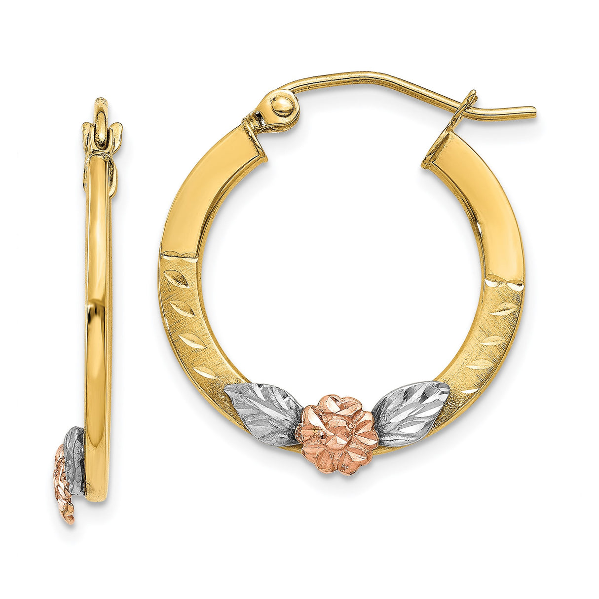 14k Two Tone Gold Hoop Earrings with Rose Gold Flower and White Gold Leaf Design