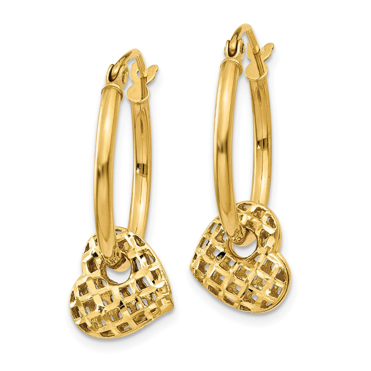 14k Yellow Gold Hoop Earrings with Open Lattice Heart Charms, Lightweight Romantic Design
