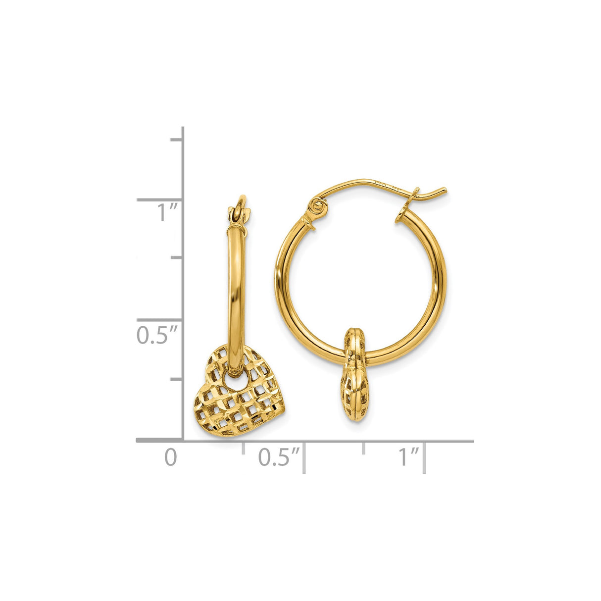 14k Yellow Gold Hoop Earrings with Open Lattice Heart Charms, Lightweight Romantic Design