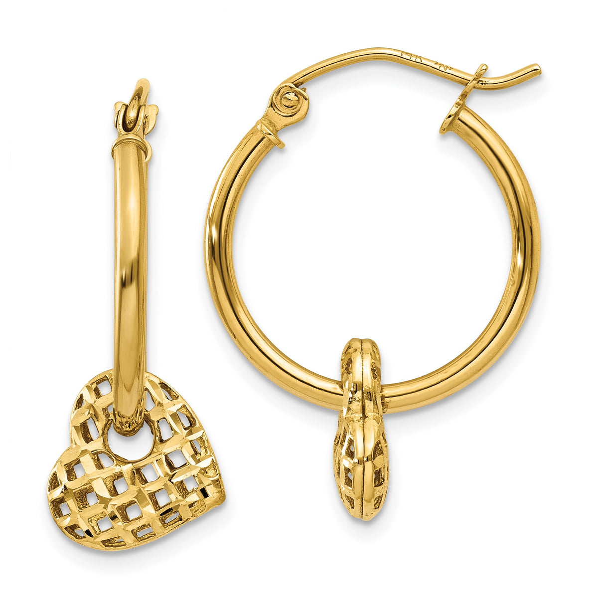 14k Yellow Gold Hoop Earrings with Open Lattice Heart Charms, Lightweight Romantic Design