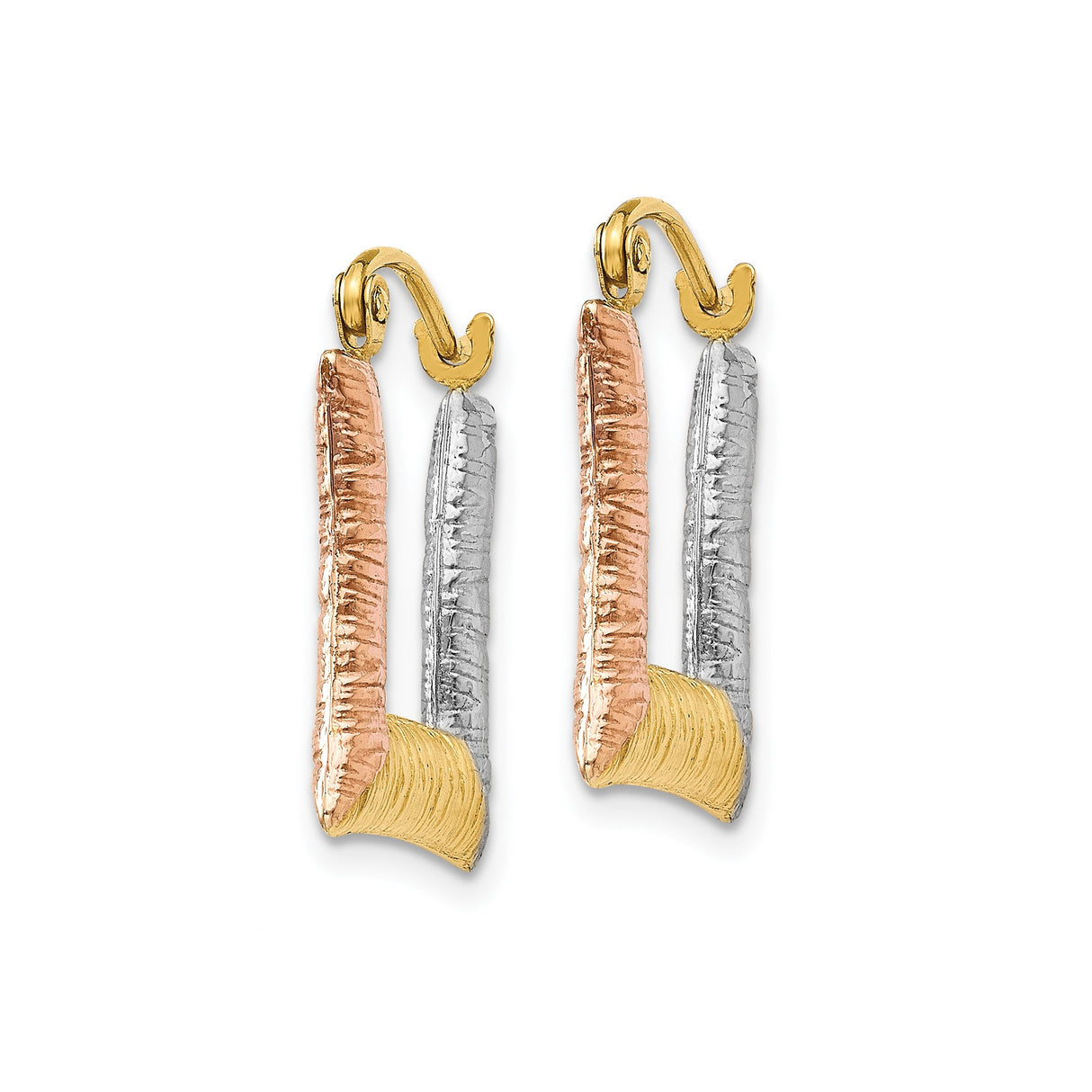 14k Tri-Tone Gold Square Hoop Earrings, Textured Yellow, Rose, and White Gold Hoops