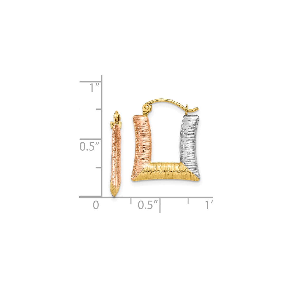 14k Tri-Tone Gold Square Hoop Earrings, Textured Yellow, Rose, and White Gold Hoops