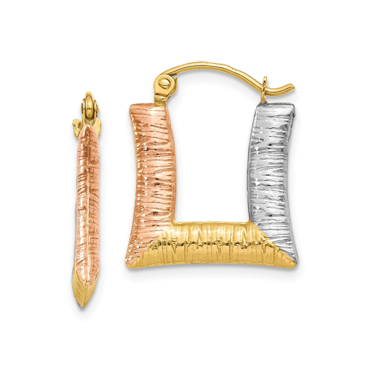 14k Tri-Tone Gold Square Hoop Earrings, Textured Yellow, Rose, and White Gold Hoops