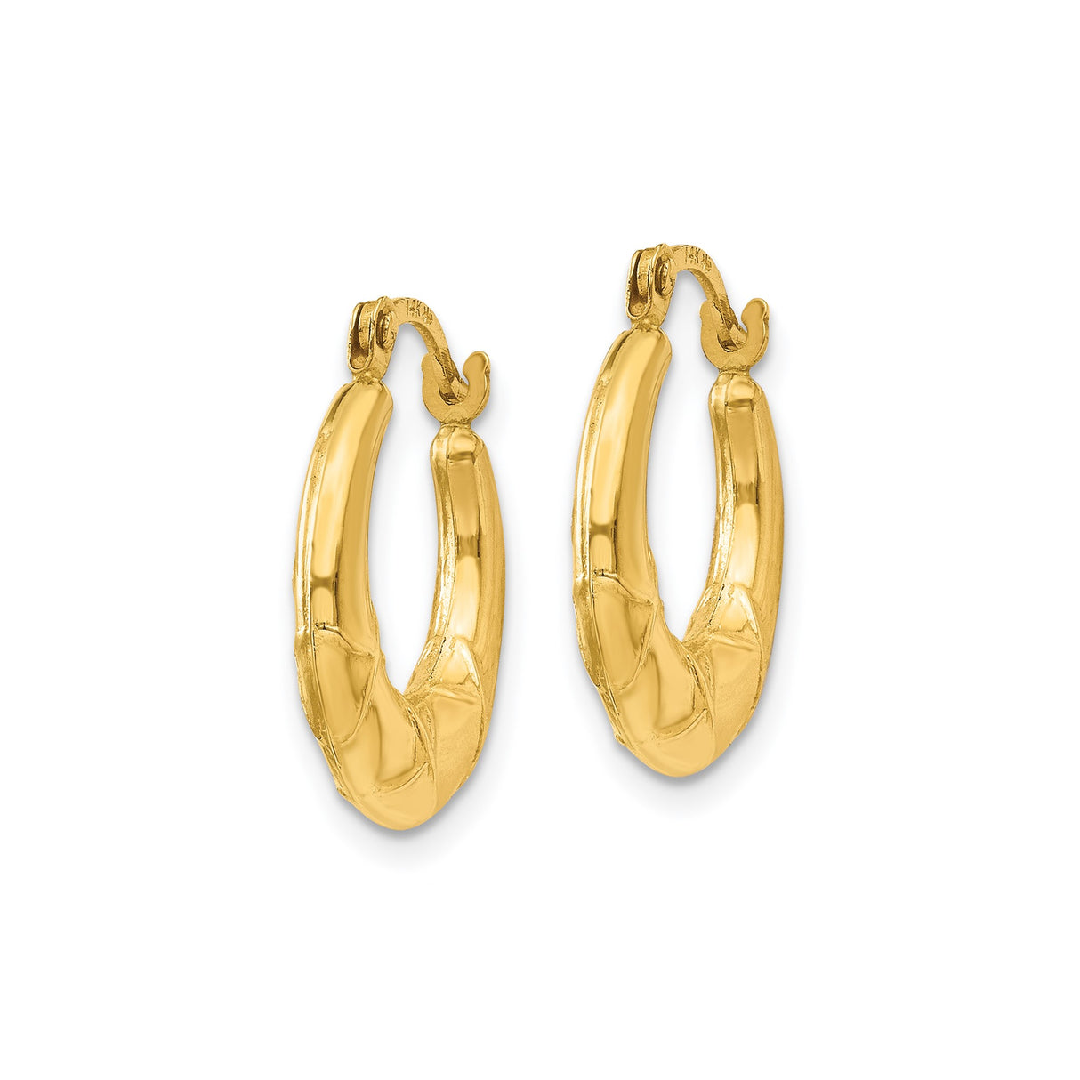 14k Yellow Gold Hoop Earrings, Puffed Textured Design with Subtle Cross Detail for Women