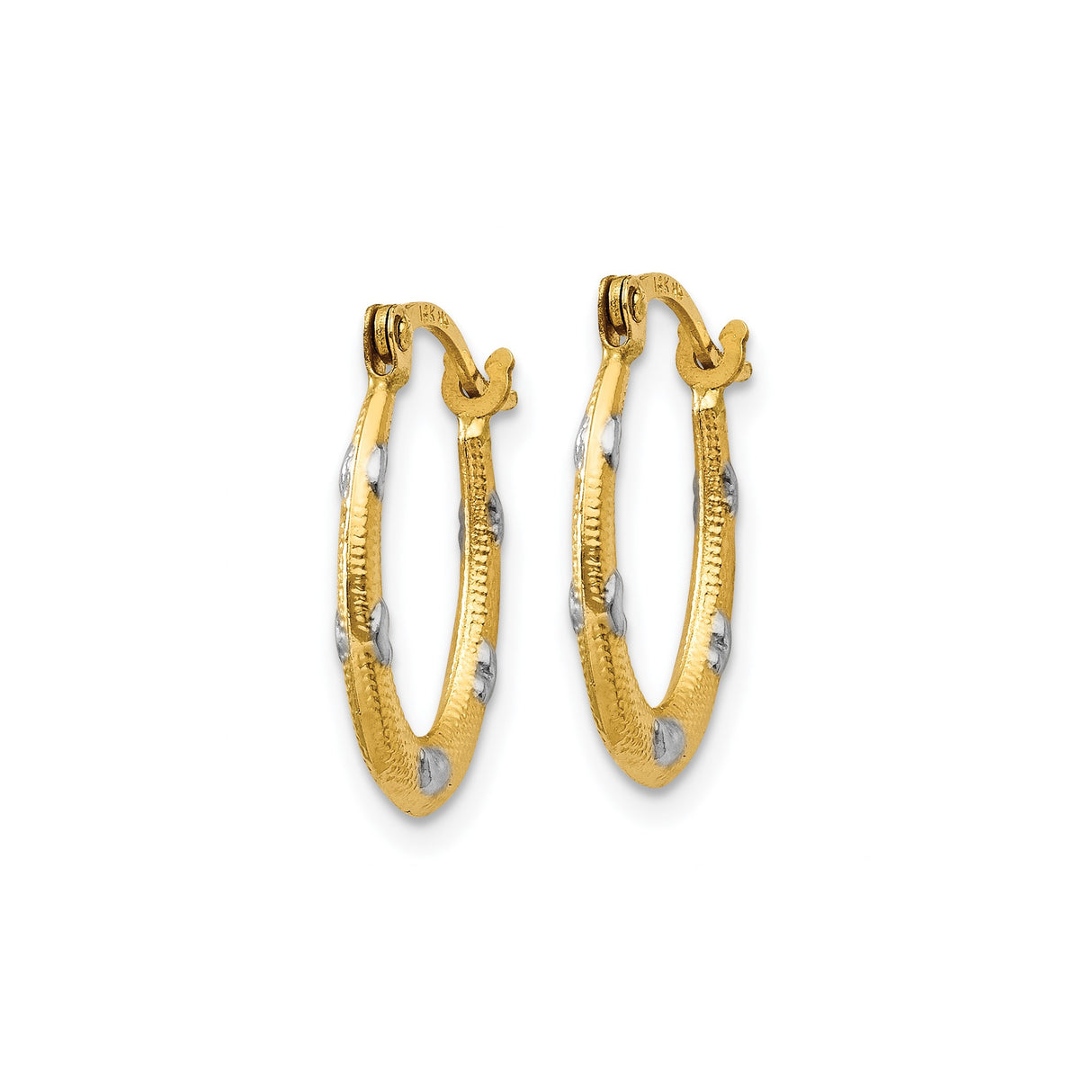 14k Yellow Gold Oval Hoop Earrings with Textured Raised Heart Design, Two-Tone Womens Jewelry