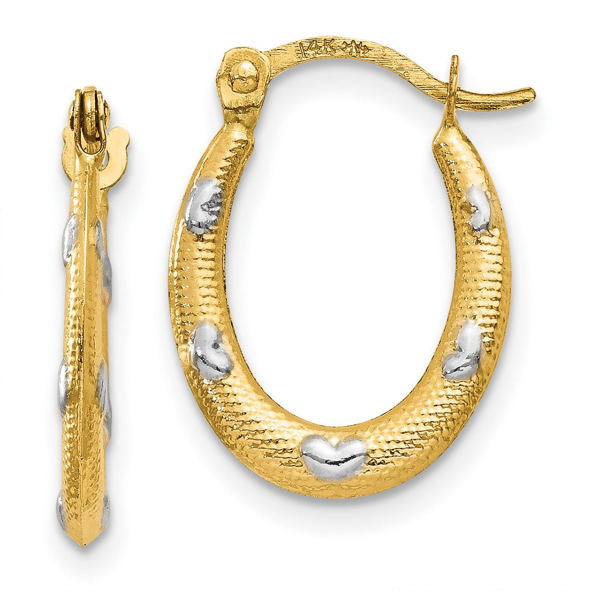 14k Yellow Gold Oval Hoop Earrings with Textured Raised Heart Design, Two-Tone Womens Jewelry
