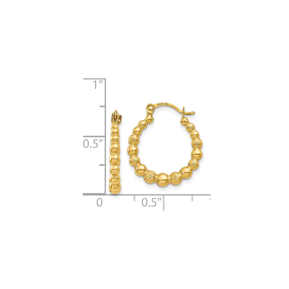 14k Yellow Gold Beaded Oval Hoop Earrings with Textured and Polished Finish