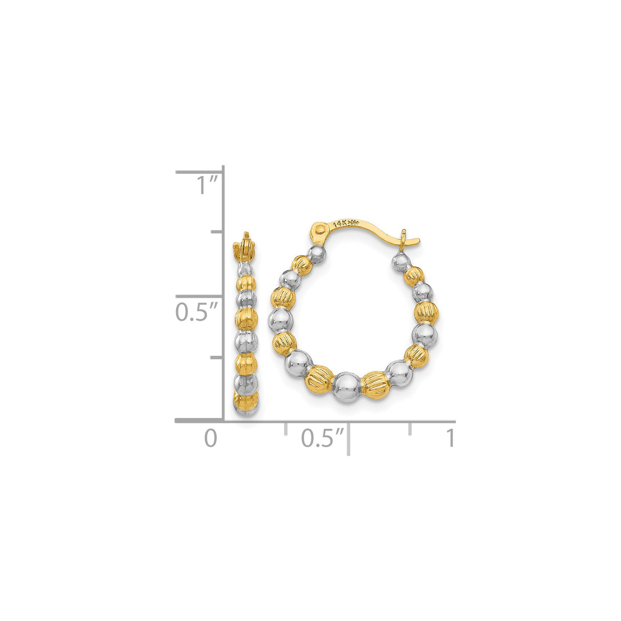 14k Yellow Gold Hoop Earrings with Rhodium Two-Tone Polished Textured Beads for Women