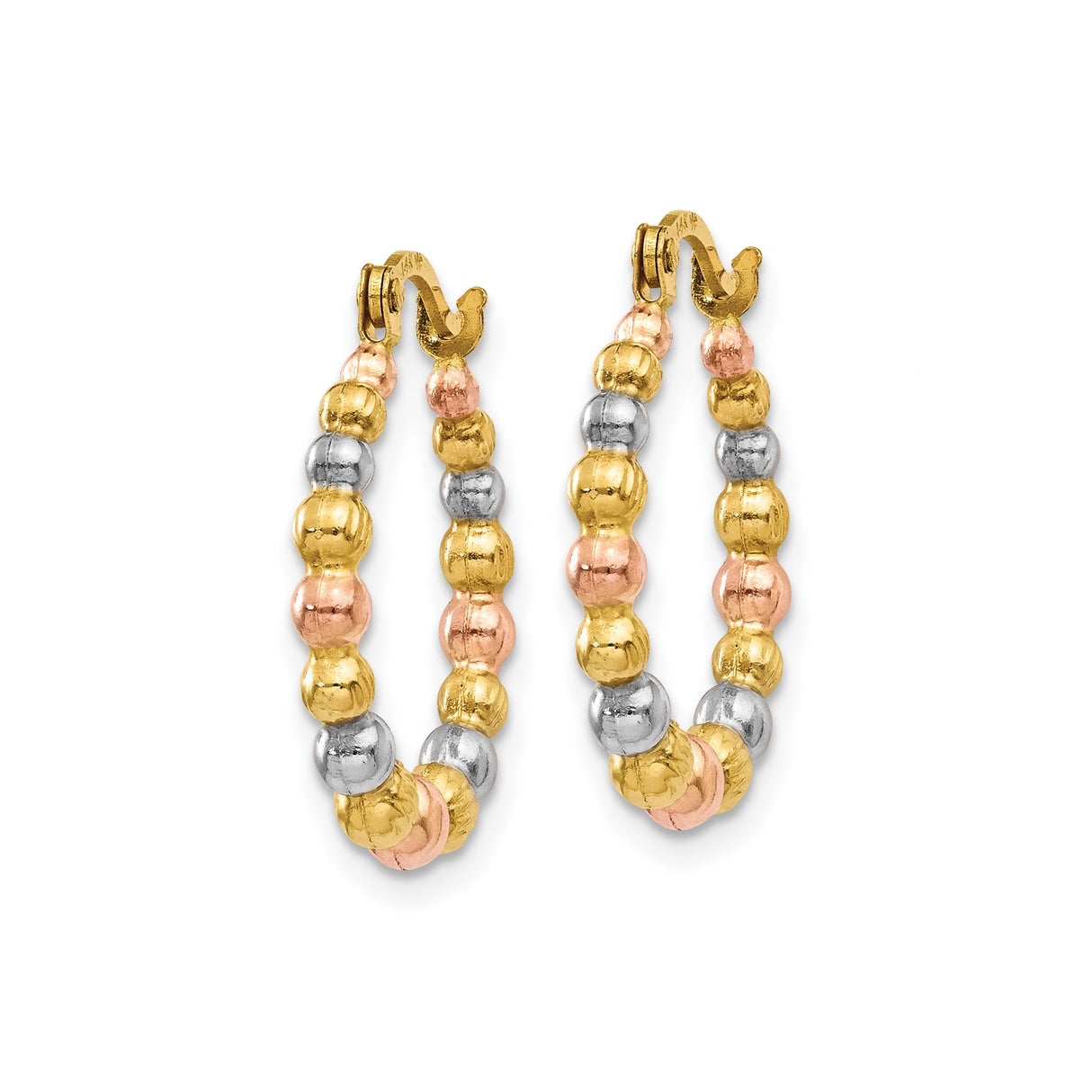 14k Tri-Color Gold Beaded Hoop Earrings, Polished Textured Hoops for Women