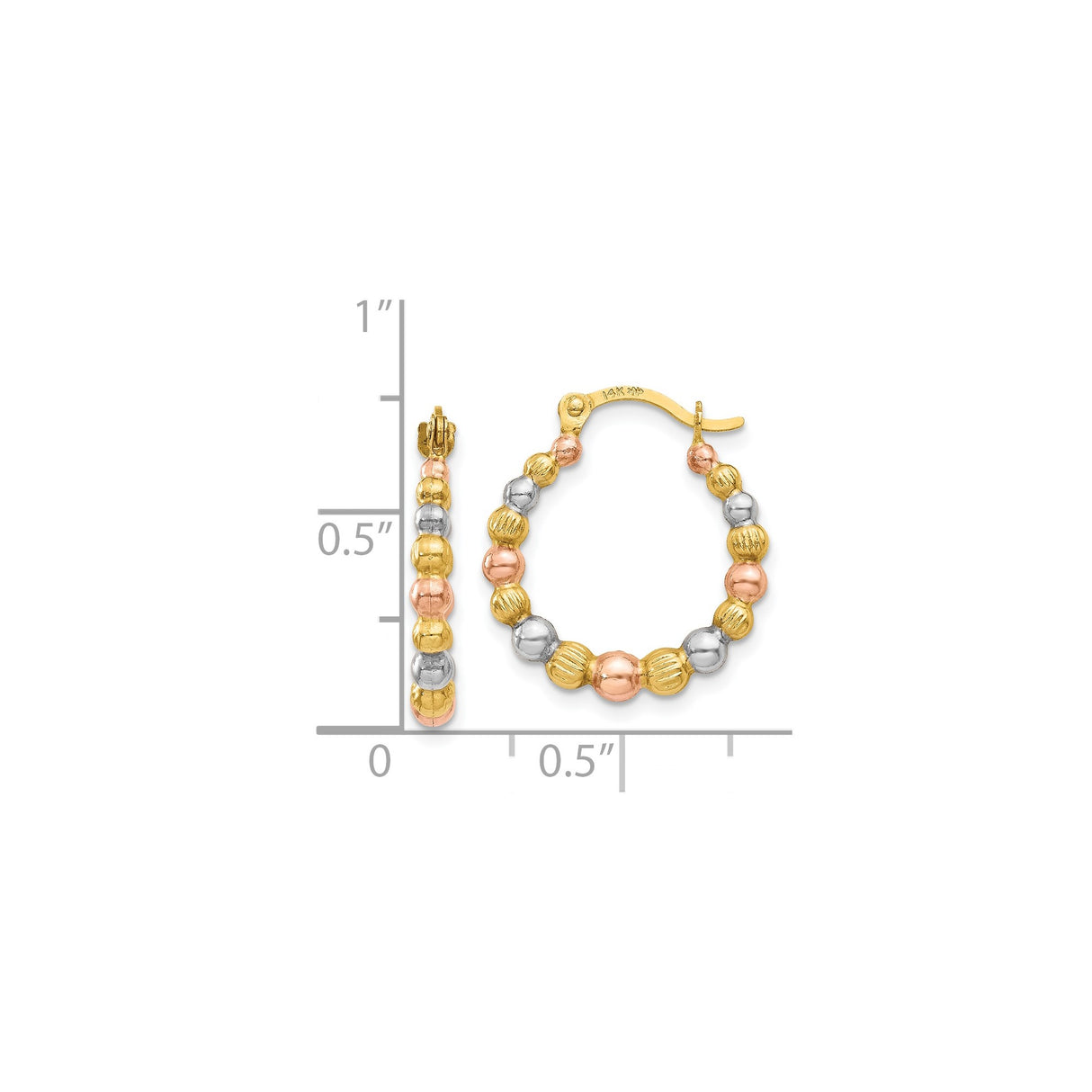 14k Tri-Color Gold Beaded Hoop Earrings, Polished Textured Hoops for Women
