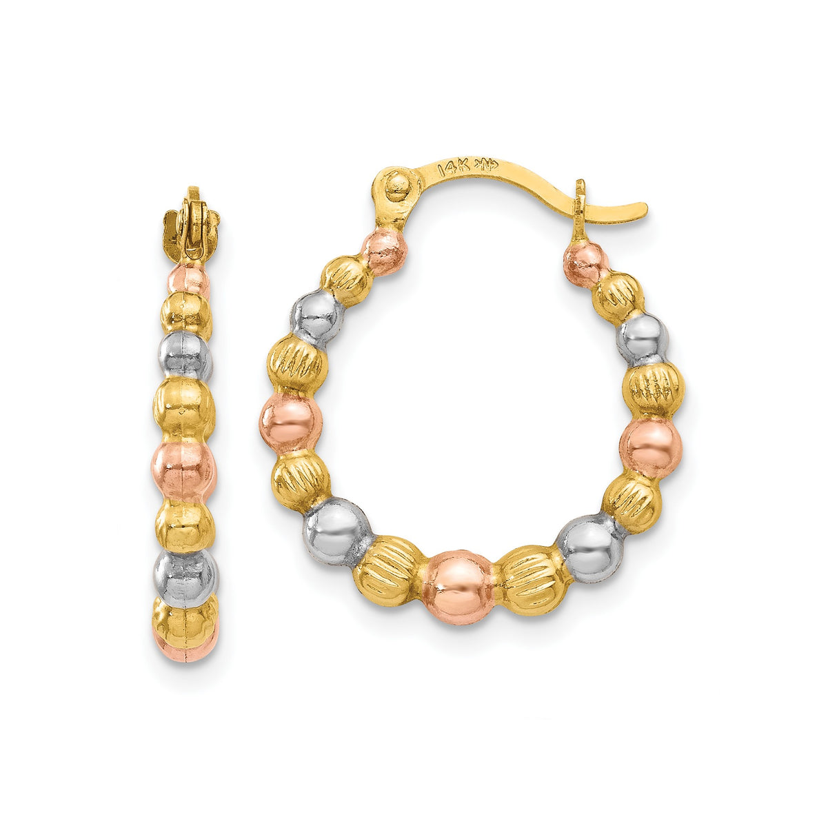 14k Tri-Color Gold Beaded Hoop Earrings, Polished Textured Hoops for Women