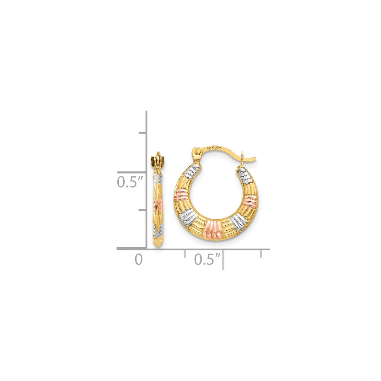 14k Tri Color Gold Hoop Earrings, Textured Round Ribbed Design for Women