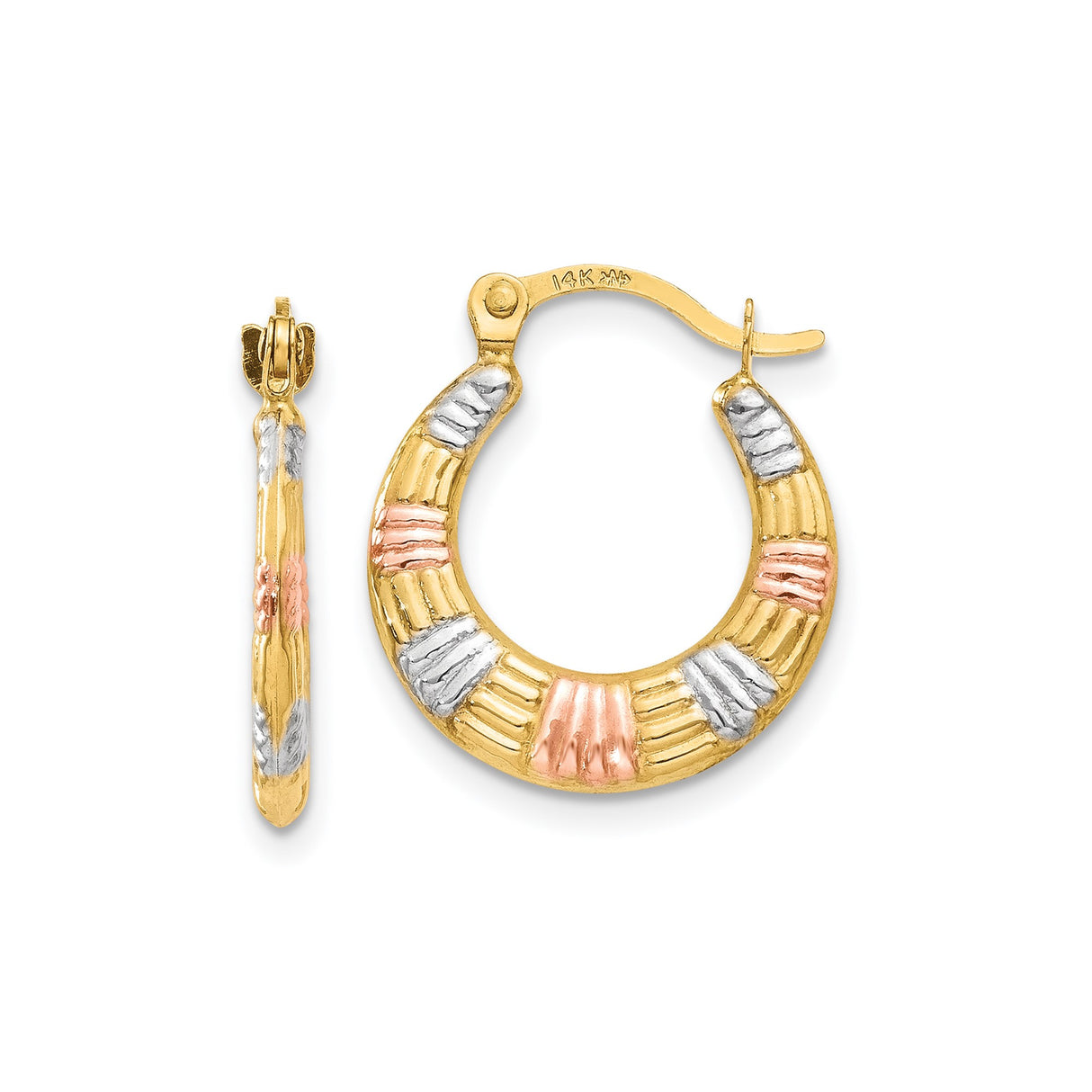 14k Tri Color Gold Hoop Earrings, Textured Round Ribbed Design for Women