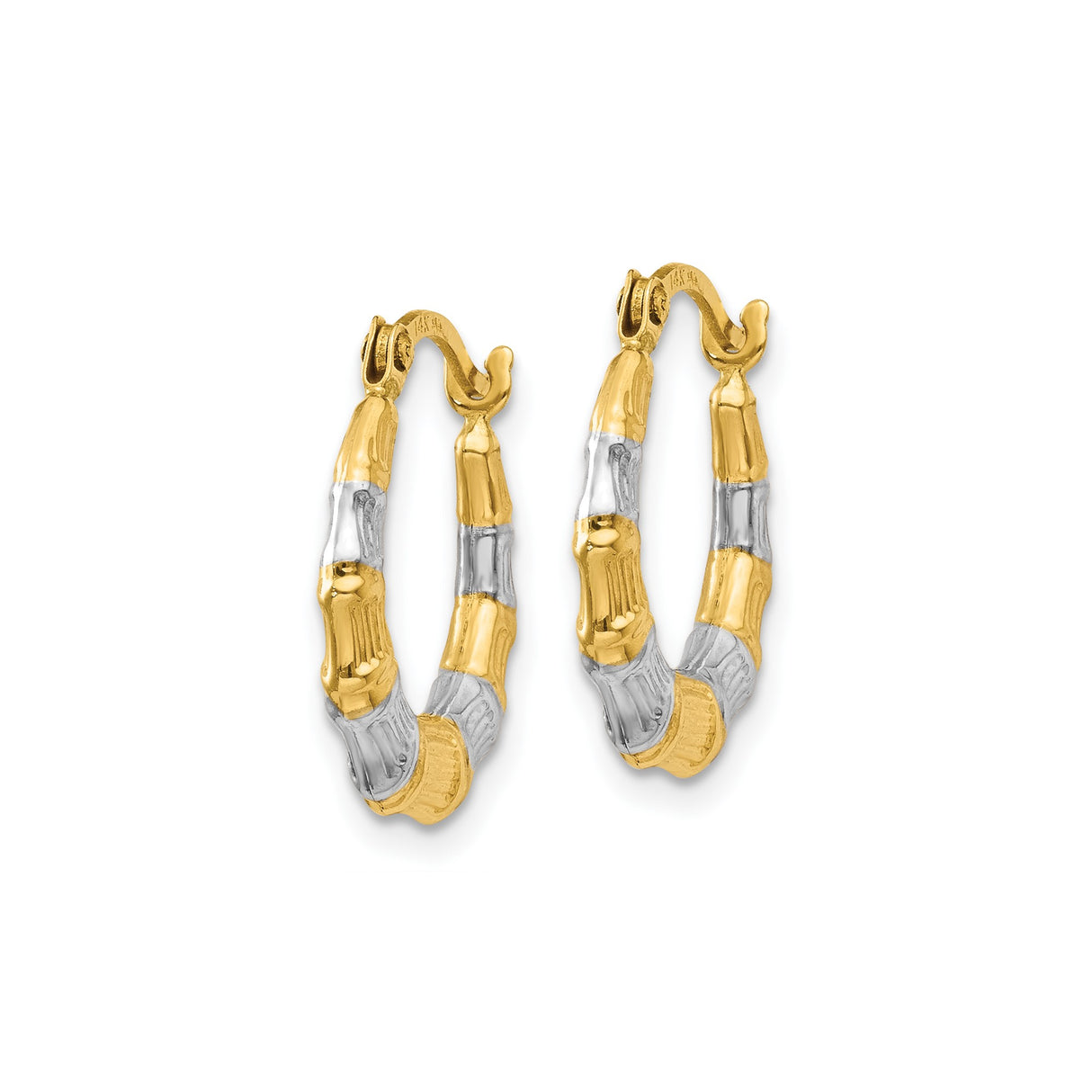 14k Yellow Gold Bamboo Hoop Earrings, Two-Tone Textured Design for Women