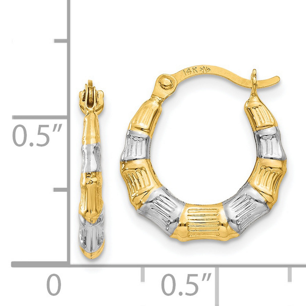 14k Yellow Gold Bamboo Hoop Earrings, Two-Tone Textured Design for Women
