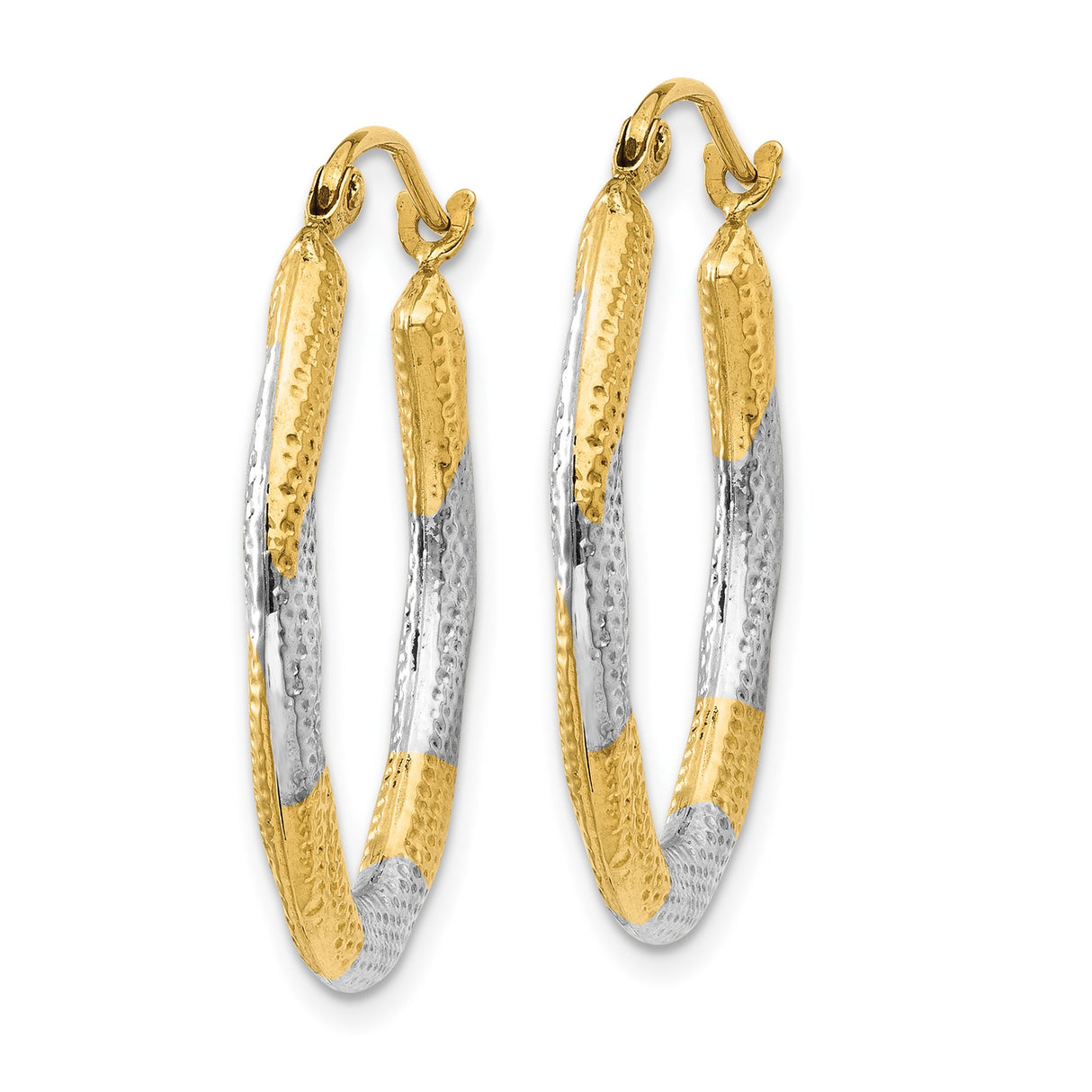 14k Yellow Gold Oval Hoop Earrings with Rhodium, Two-Tone Hammered Finish, Textured Modern Design
