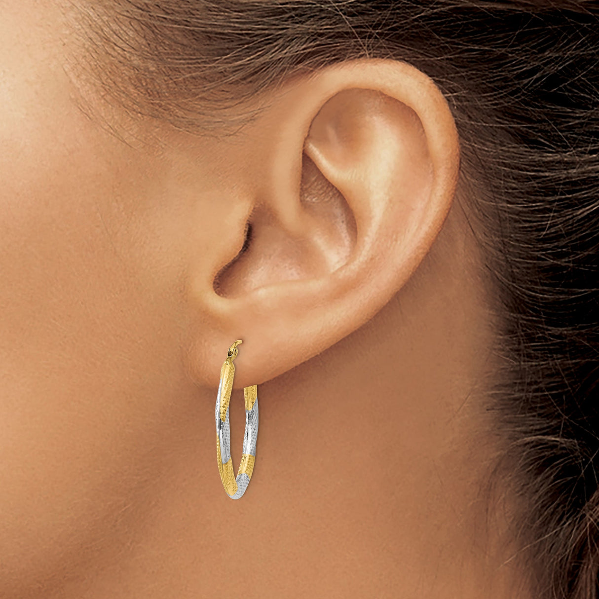 14k Yellow Gold Oval Hoop Earrings with Rhodium, Two-Tone Hammered Finish, Textured Modern Design