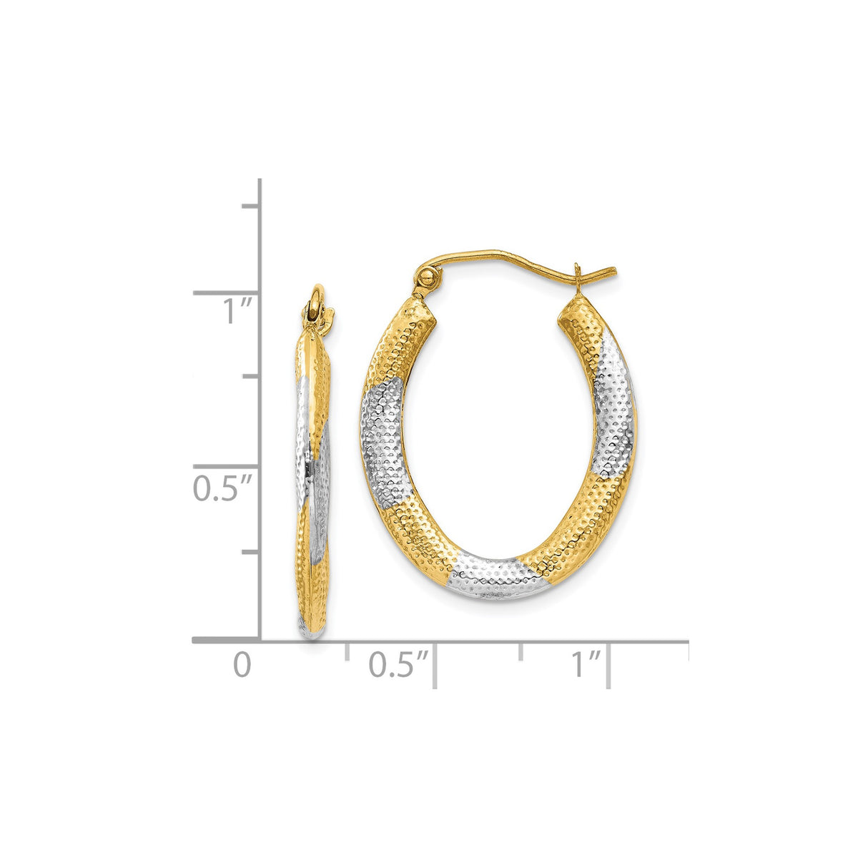 14k Yellow Gold Oval Hoop Earrings with Rhodium, Two-Tone Hammered Finish, Textured Modern Design