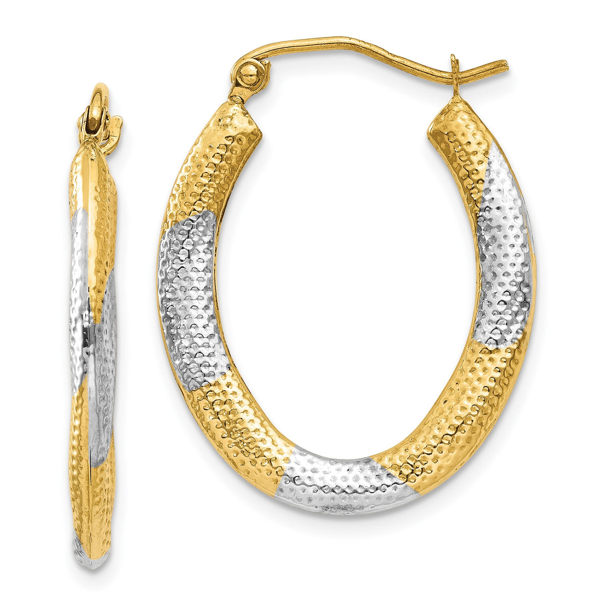 14k Yellow Gold Oval Hoop Earrings with Rhodium, Two-Tone Hammered Finish, Textured Modern Design