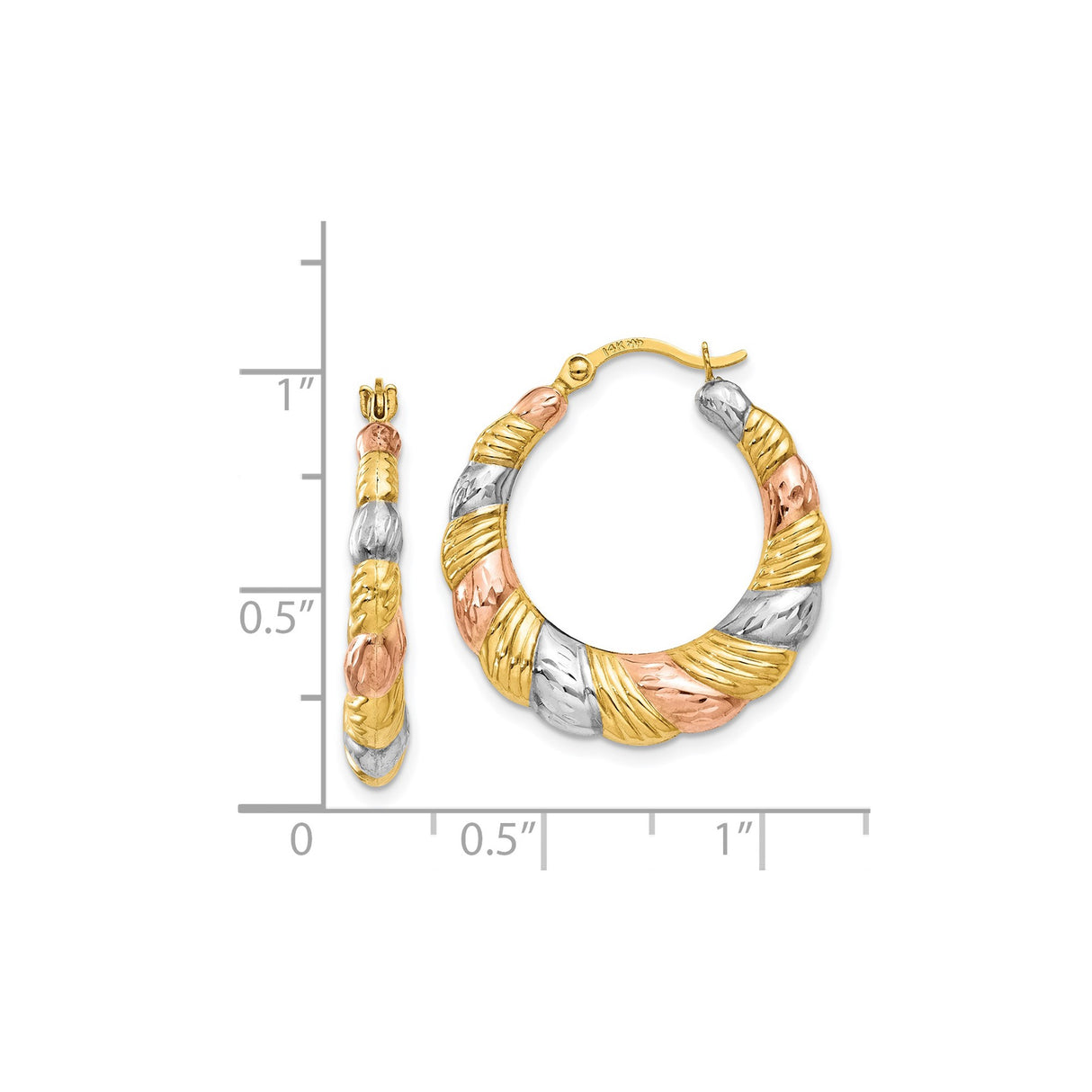 14k Tri-Color Gold Hoop Earrings, Twisted Textured Scalloped Design for Women
