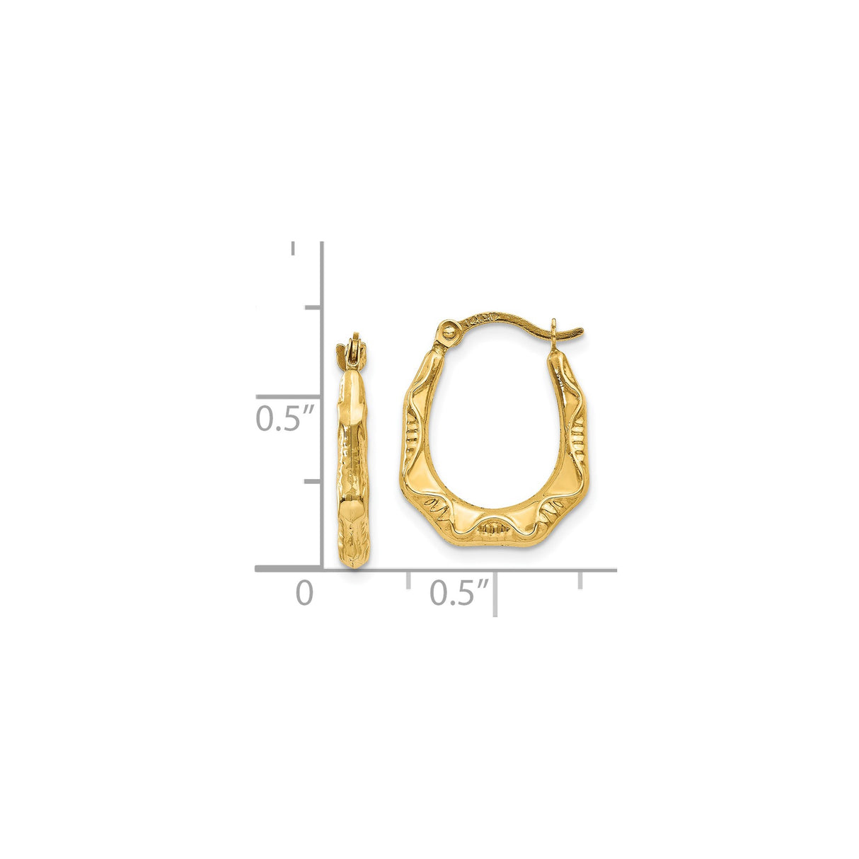 14k Yellow Gold Hoop Earrings, Hollow Textured Oval Design, Lightweight Modern Style for Women