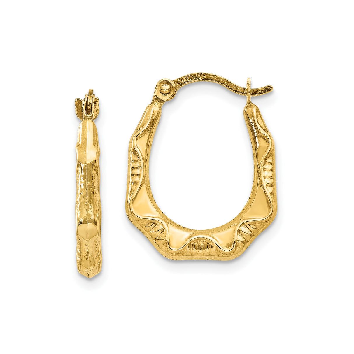 14k Yellow Gold Hoop Earrings, Hollow Textured Oval Design, Lightweight Modern Style for Women
