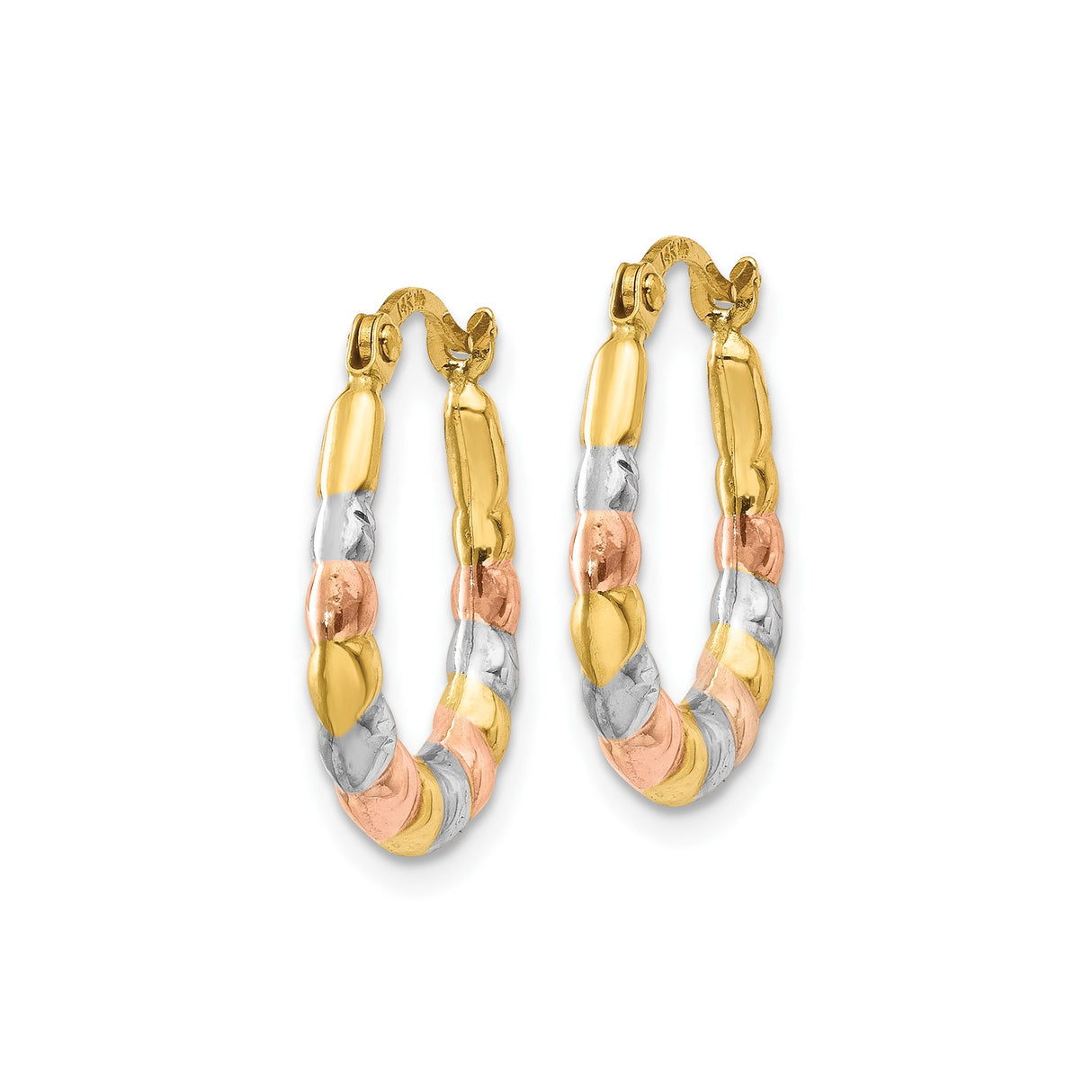 14k Tri-Tone Gold Oval Hoop Earrings with Textured Diamond-Cut Design for Women