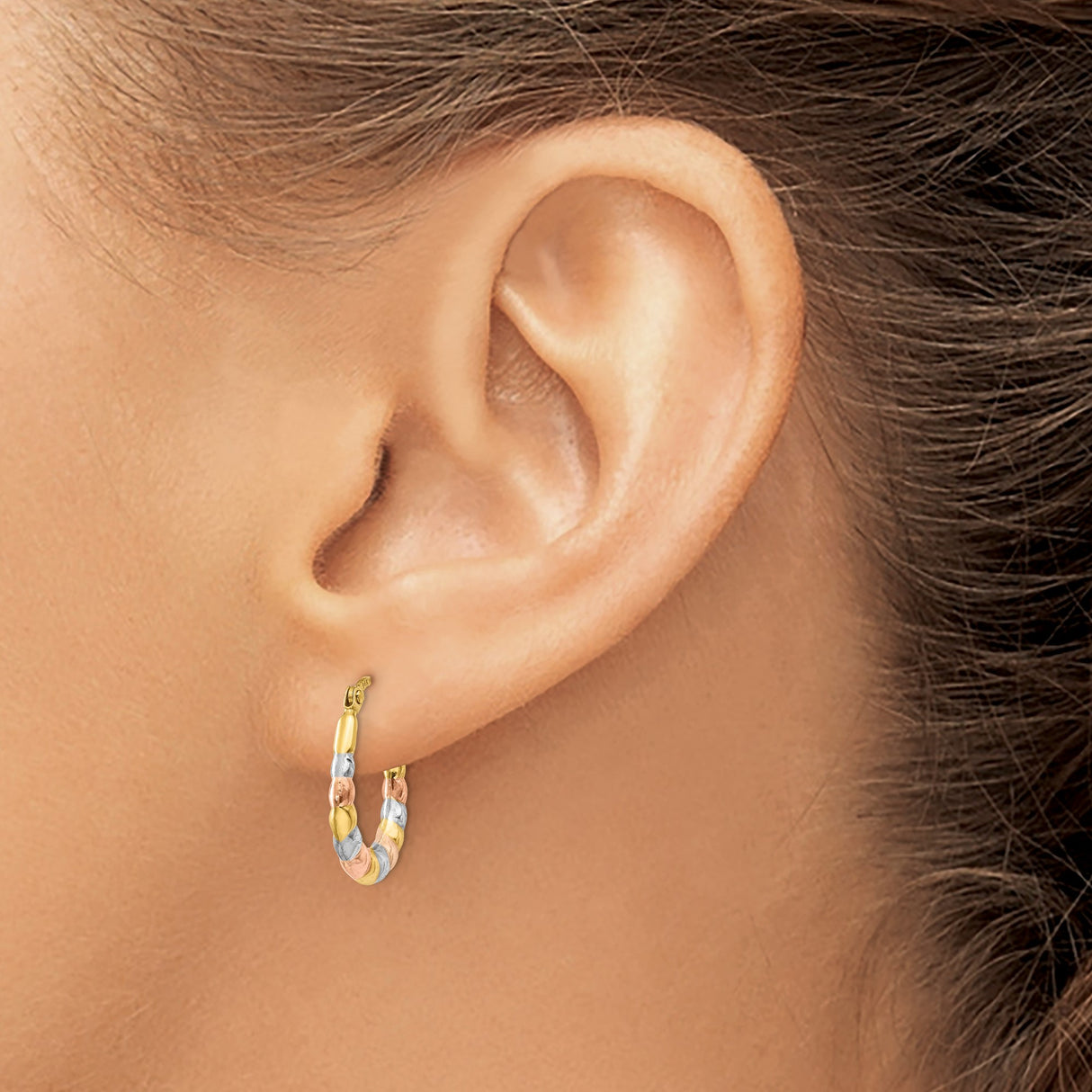 14k Tri-Tone Gold Oval Hoop Earrings with Textured Diamond-Cut Design for Women