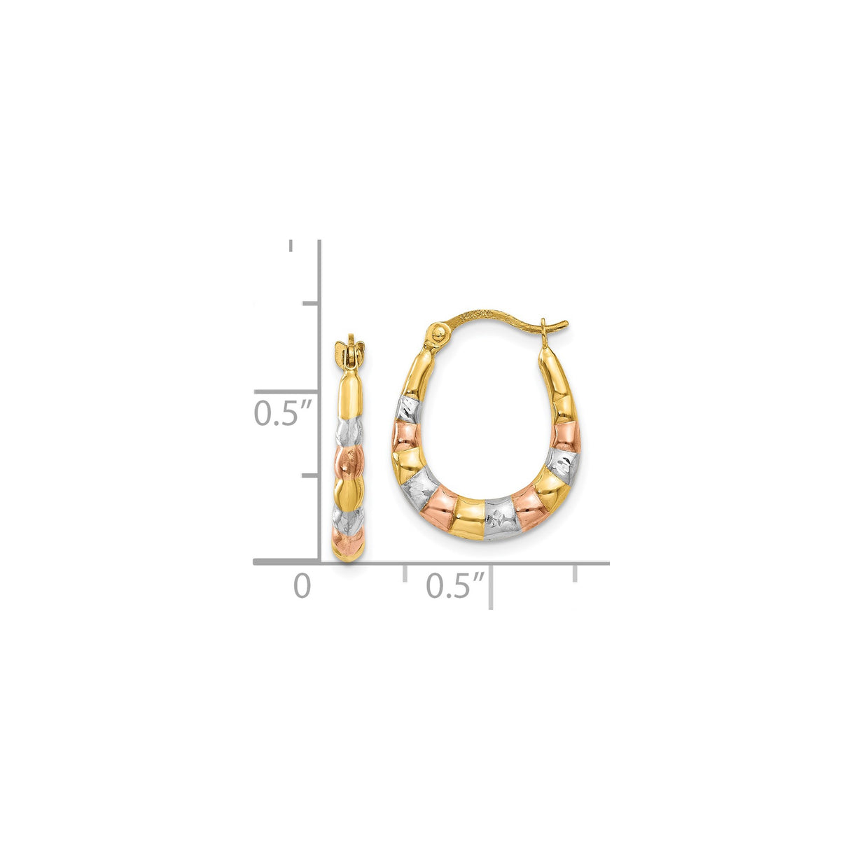 14k Tri-Tone Gold Oval Hoop Earrings with Textured Diamond-Cut Design for Women