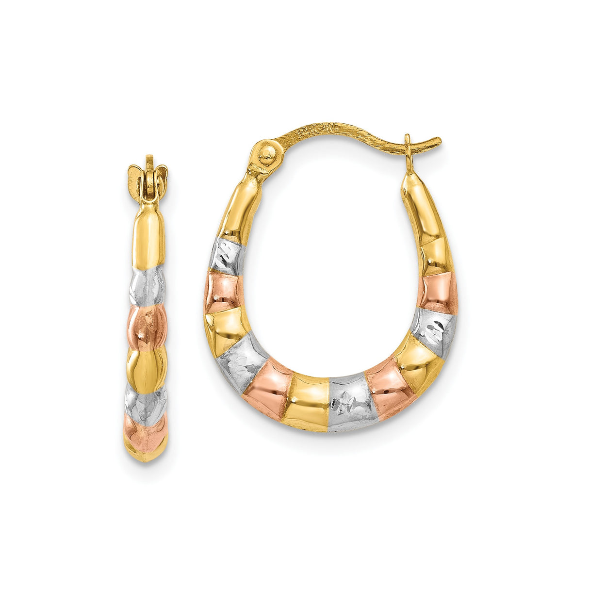14k Tri-Tone Gold Oval Hoop Earrings with Textured Diamond-Cut Design for Women