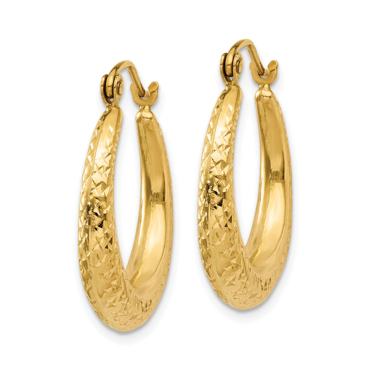 14k Yellow Gold Hoop Earrings, Textured Diamond Cut Finish, Medium Tapered Style, Latch Back Closure