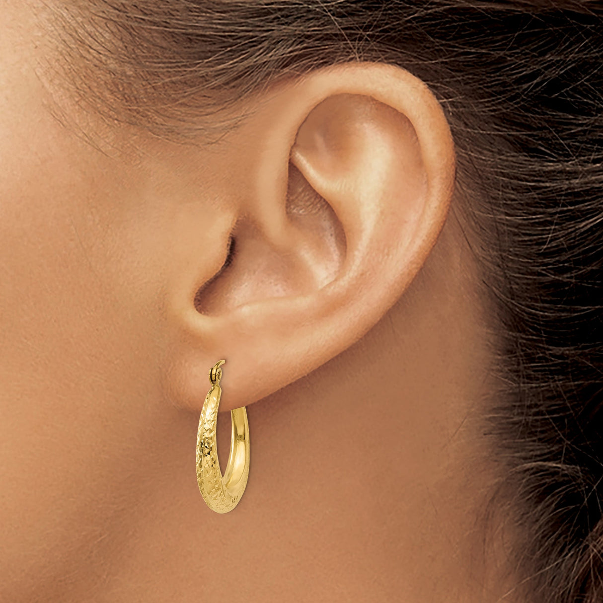 14k Yellow Gold Hoop Earrings, Textured Diamond Cut Finish, Medium Tapered Style, Latch Back Closure