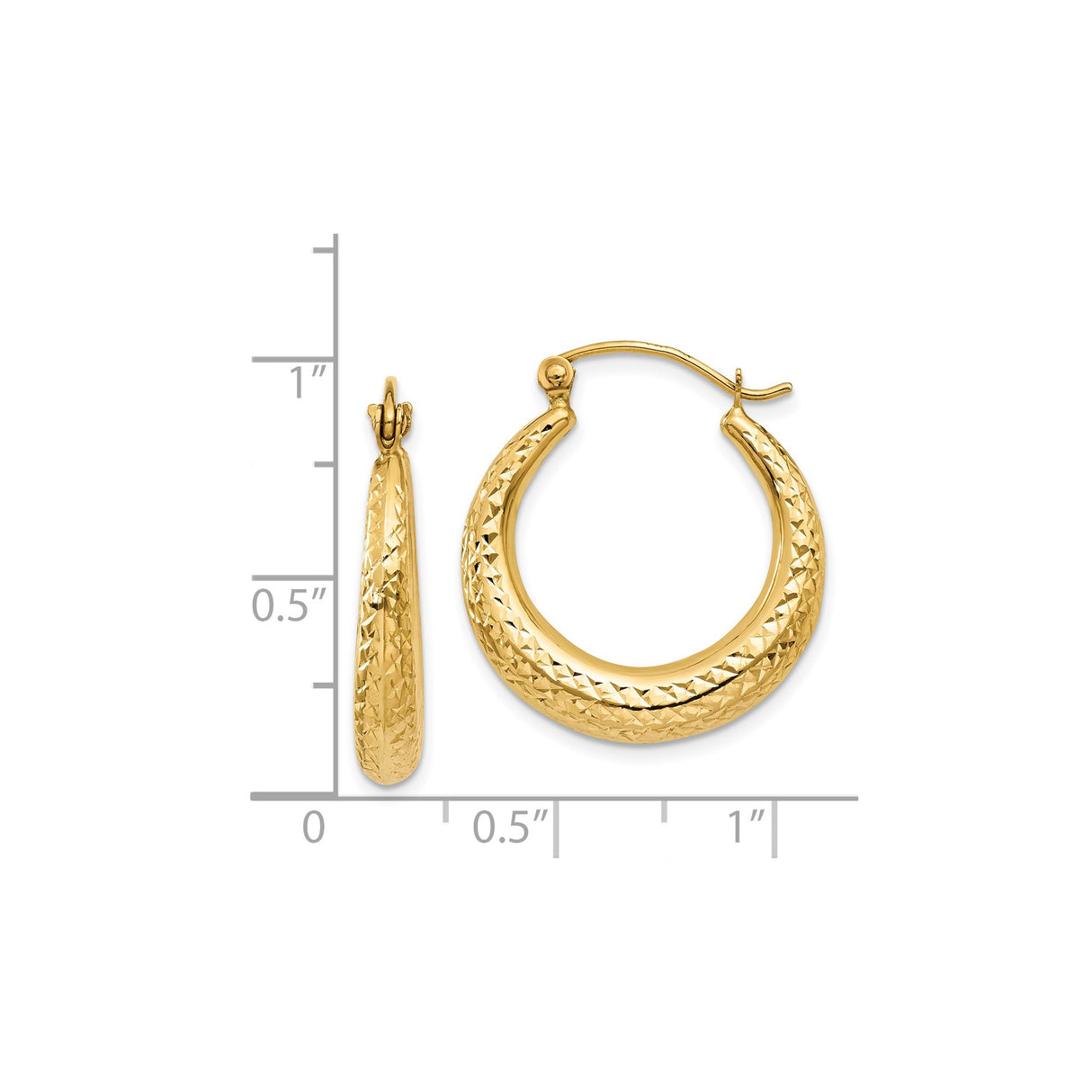 14k Yellow Gold Hoop Earrings, Textured Diamond Cut Finish, Medium Tapered Style, Latch Back Closure