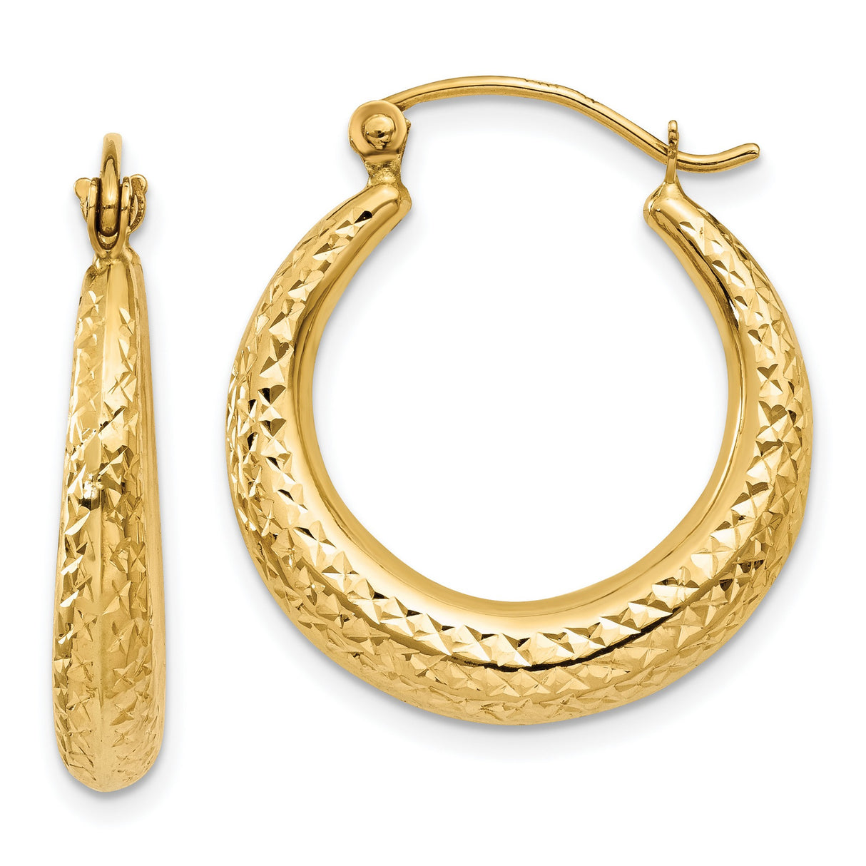 14k Yellow Gold Hoop Earrings, Textured Diamond Cut Finish, Medium Tapered Style, Latch Back Closure
