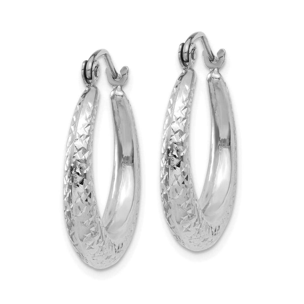 14k White Gold Hoop Earrings with Textured Diamond Cut Design and Latch Back Closure