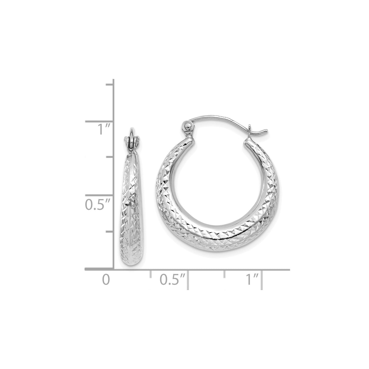 14k White Gold Hoop Earrings with Textured Diamond Cut Design and Latch Back Closure
