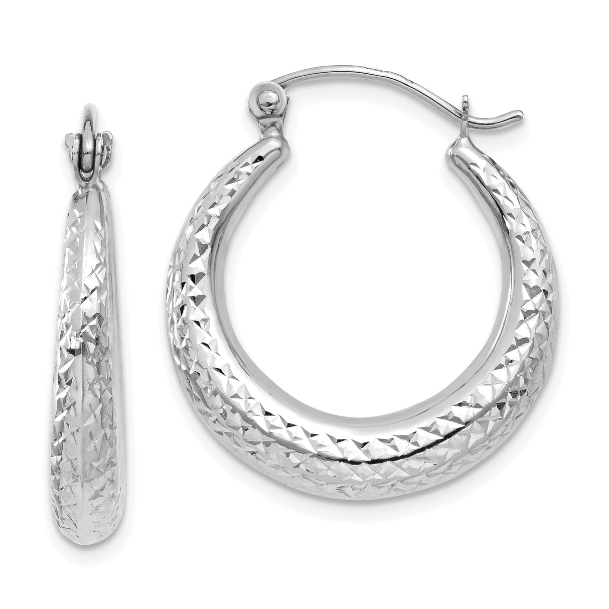 14k White Gold Hoop Earrings with Textured Diamond Cut Design and Latch Back Closure