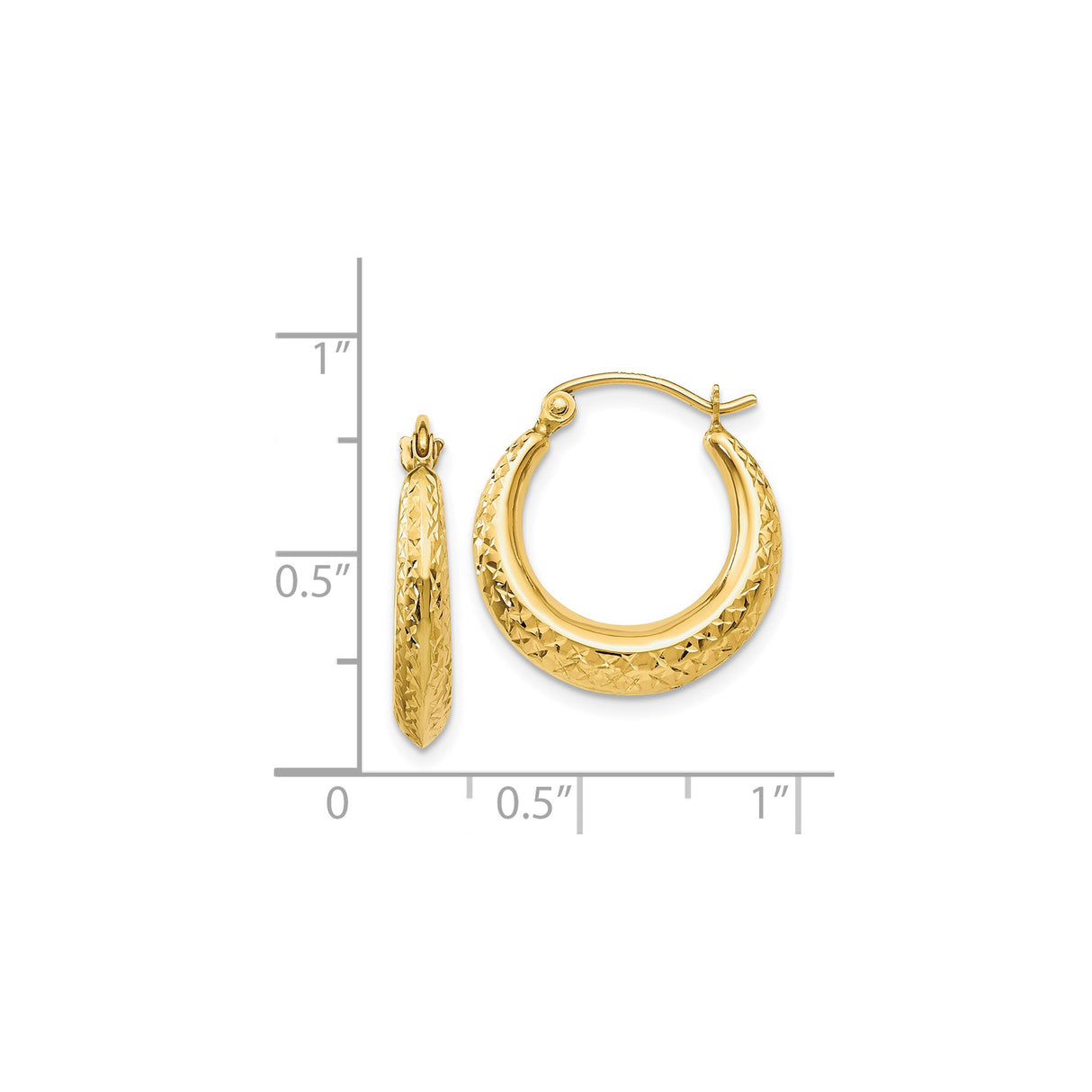 14k Yellow Gold Hoop Earrings, Textured Diamond Cut Lightweight Sparkle Finish