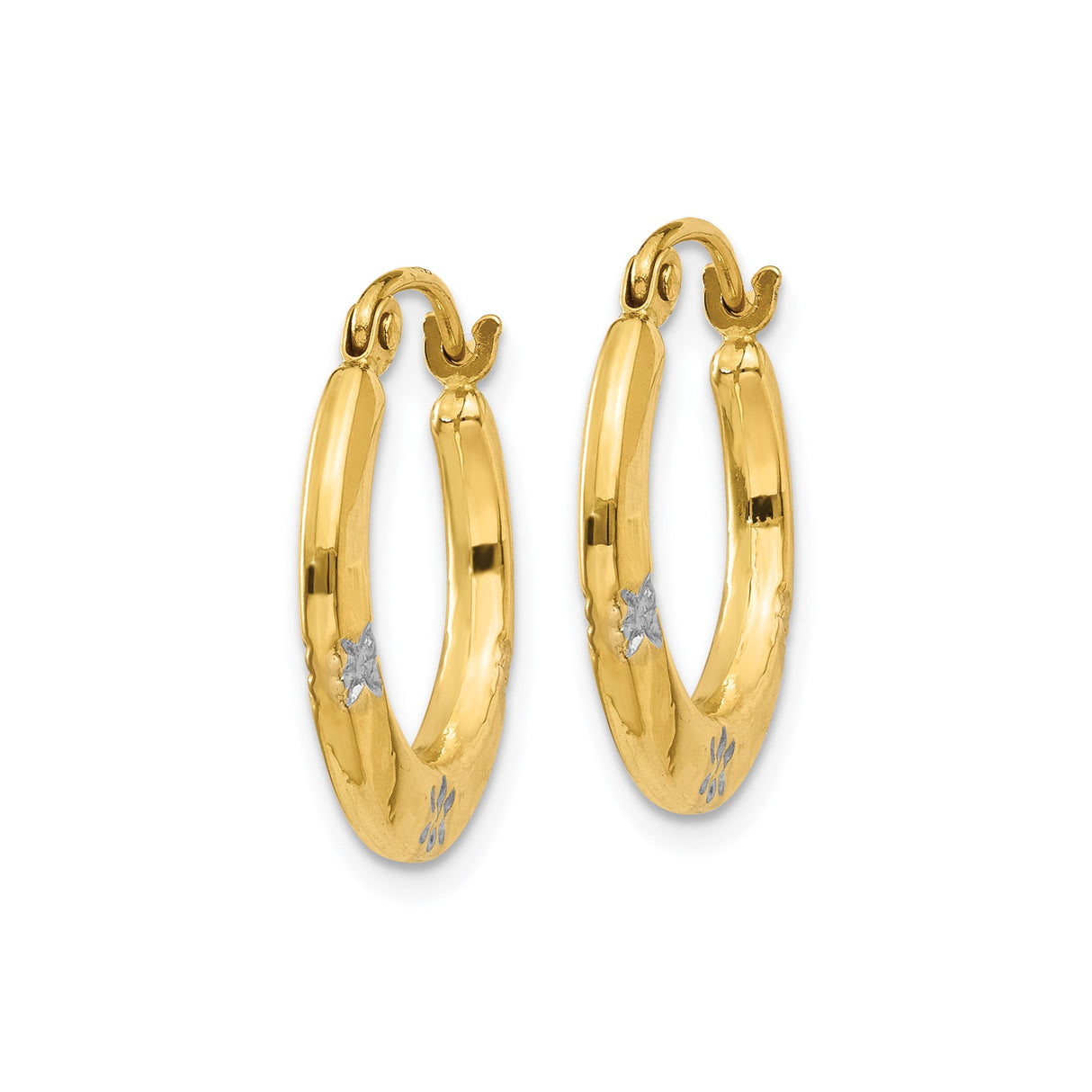 14k Yellow Gold Hoop Earrings with Rhodium Floral Accents, Polished Two-Tone Design for Women
