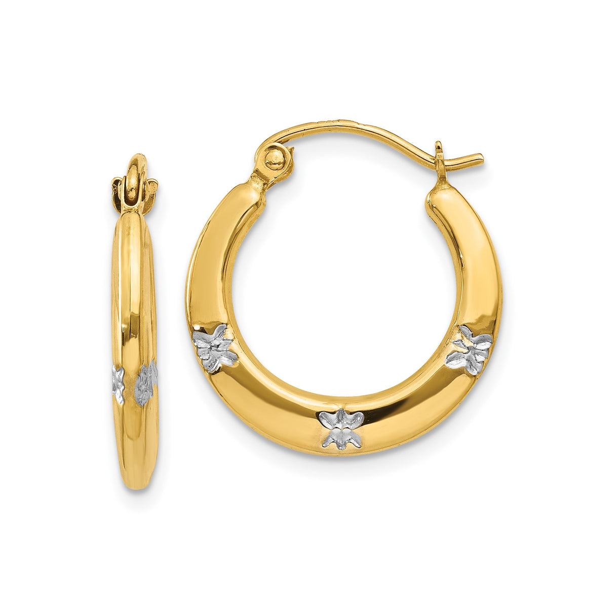 14k Yellow Gold Hoop Earrings with Rhodium Floral Accents, Polished Two-Tone Design for Women
