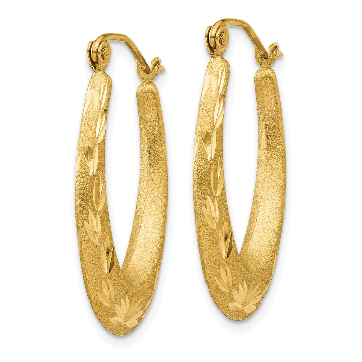 14k Yellow Gold Hoop Earrings, Oval Shape with Matte Finish and Polished Leaf Etching