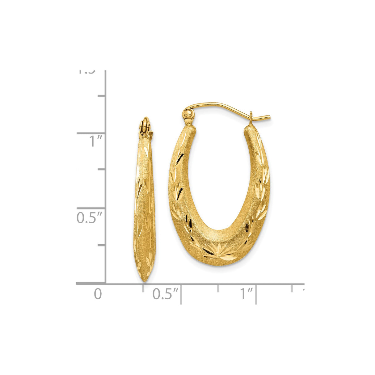 14k Yellow Gold Hoop Earrings, Oval Shape with Matte Finish and Polished Leaf Etching