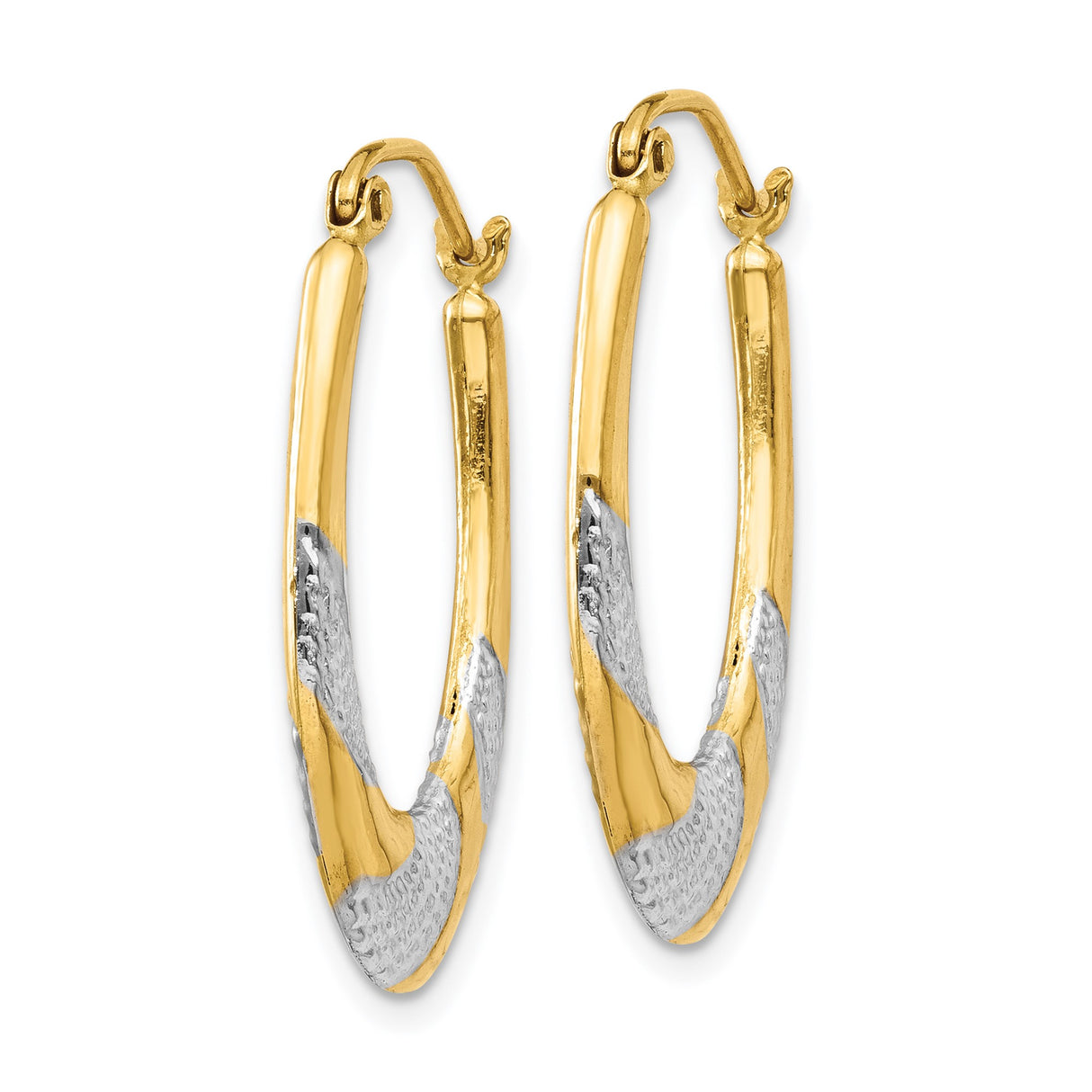 14k Yellow Gold Oval Hoop Earrings with Twisted Design and Rhodium Accents for Women