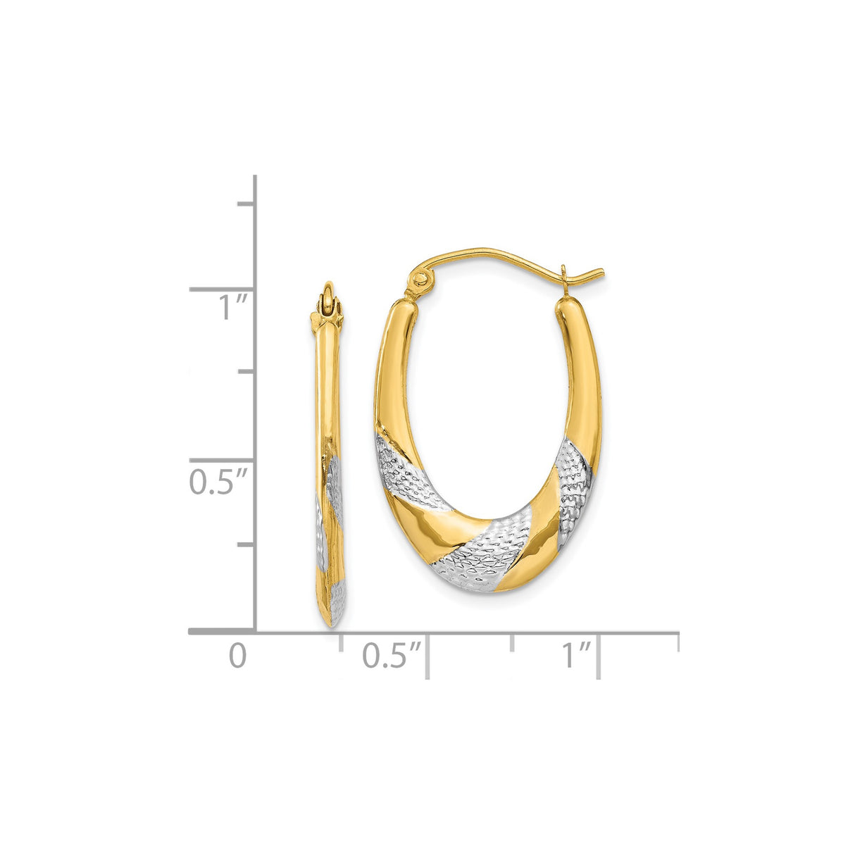 14k Yellow Gold Oval Hoop Earrings with Twisted Design and Rhodium Accents for Women