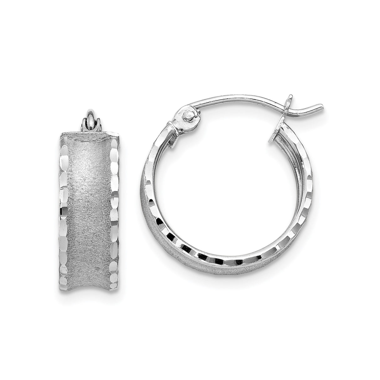 14k White Gold Hoop Earrings with Textured Matte Finish and Diamond Cut Edges